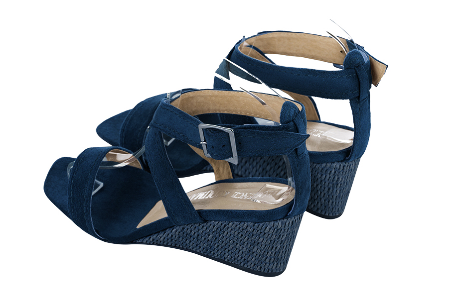 Women's navy blue elegant fully open cross straps sandals. Square toe. Medium wedge heels - Rear view